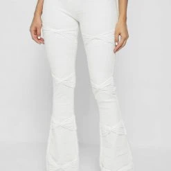 Woman Leggings Shirred Mesh Overlay Flared Leggings - White