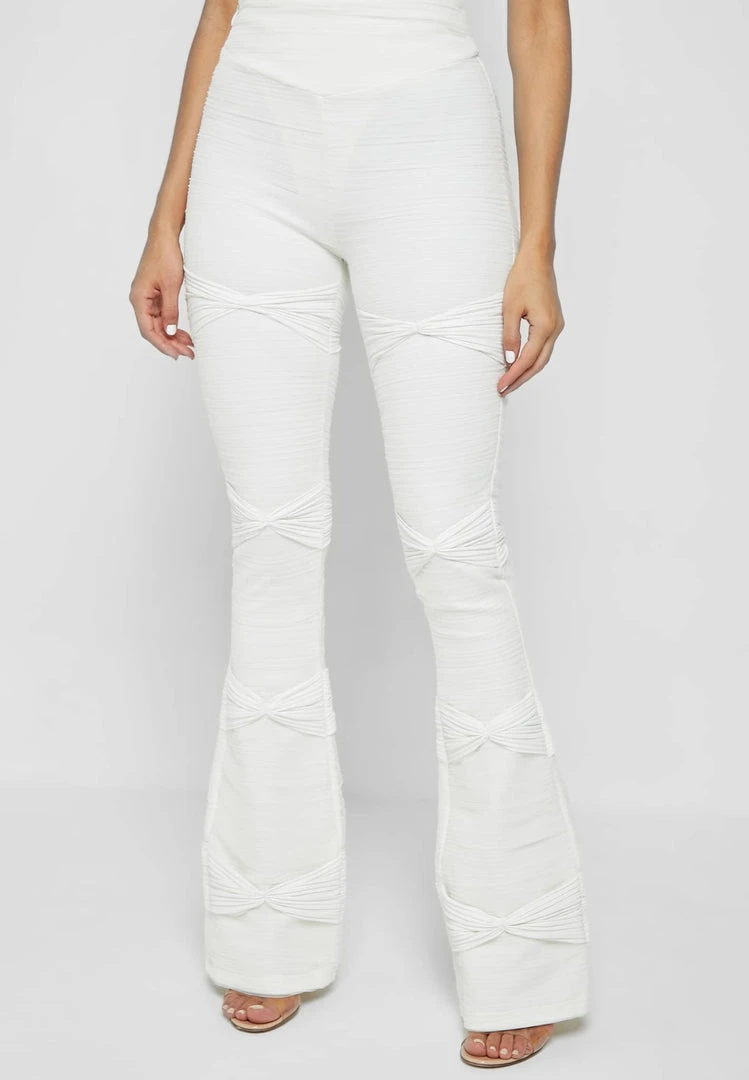 Woman Leggings Shirred Mesh Overlay Flared Leggings - White