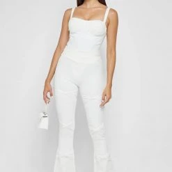 Woman Leggings Shirred Mesh Overlay Flared Leggings - White