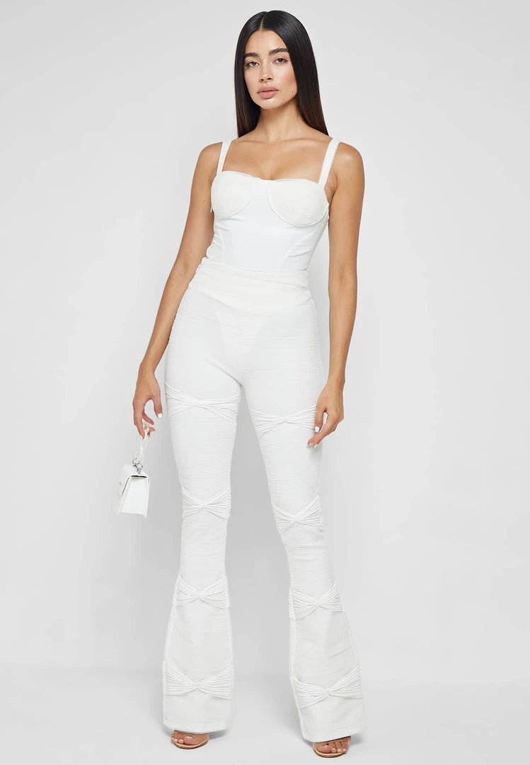 Woman Leggings Shirred Mesh Overlay Flared Leggings - White