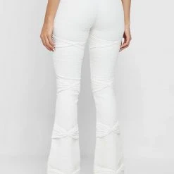 Woman Leggings Shirred Mesh Overlay Flared Leggings - White