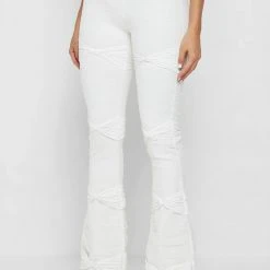 Woman Leggings Shirred Mesh Overlay Flared Leggings - White