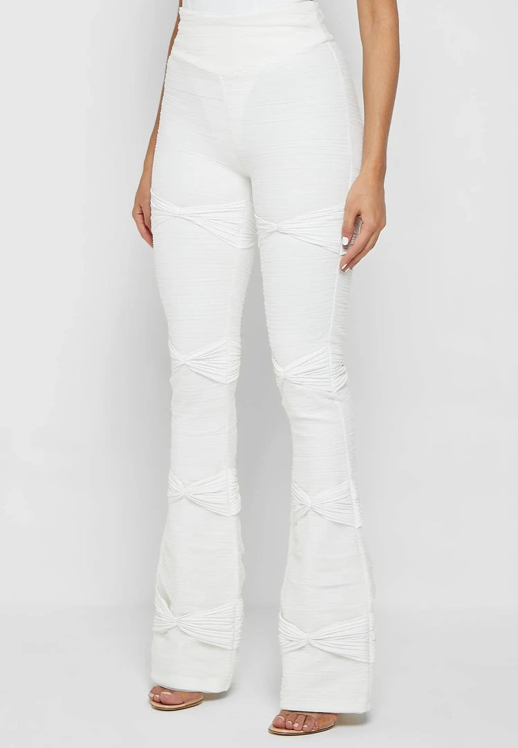 Woman Leggings Shirred Mesh Overlay Flared Leggings - White