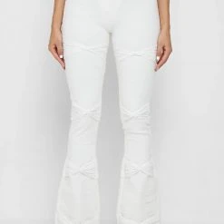 Woman Leggings Shirred Mesh Overlay Flared Leggings - White