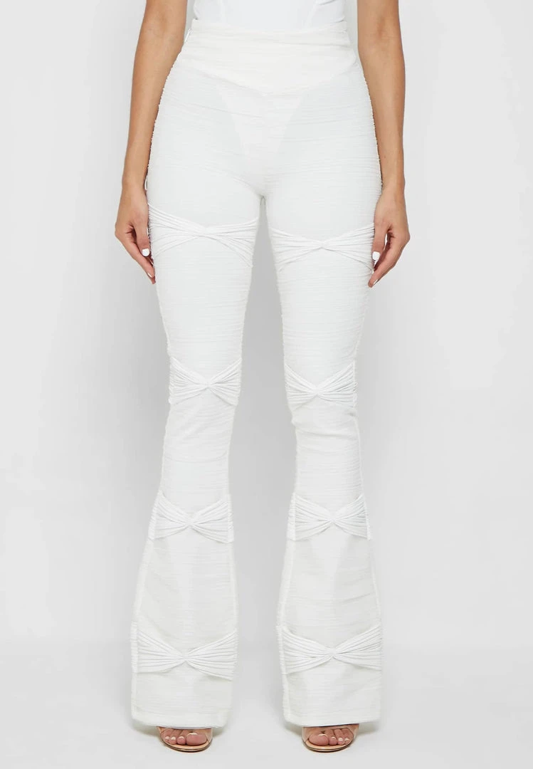 Woman Leggings Shirred Mesh Overlay Flared Leggings - White