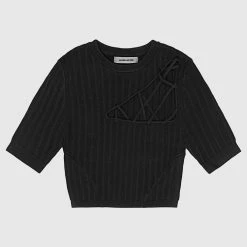 Woman Tops Knitted Lace Up Top - Black TOPS & T SHIRTS