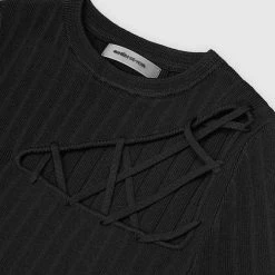 Woman Tops Knitted Lace Up Top - Black TOPS & T SHIRTS