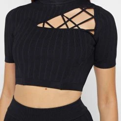 Woman Tops Knitted Lace Up Top - Black TOPS & T SHIRTS
