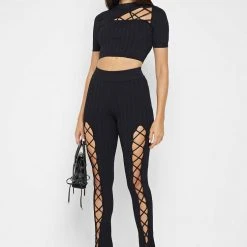 Woman Tops Knitted Lace Up Top - Black TOPS & T SHIRTS