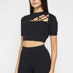 Woman Tops Knitted Lace Up Top - Black TOPS & T SHIRTS