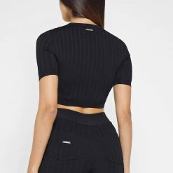 Woman Tops Knitted Lace Up Top - Black TOPS & T SHIRTS