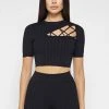 Woman Tops Knitted Lace Up Top - Black TOPS & T SHIRTS