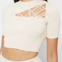 Woman Tops Knitted Lace Up Top - Beige