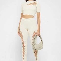 Woman Tops Knitted Lace Up Top - Beige