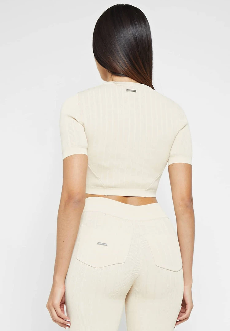 Woman Tops Knitted Lace Up Top - Beige