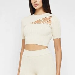 Woman Tops Knitted Lace Up Top - Beige