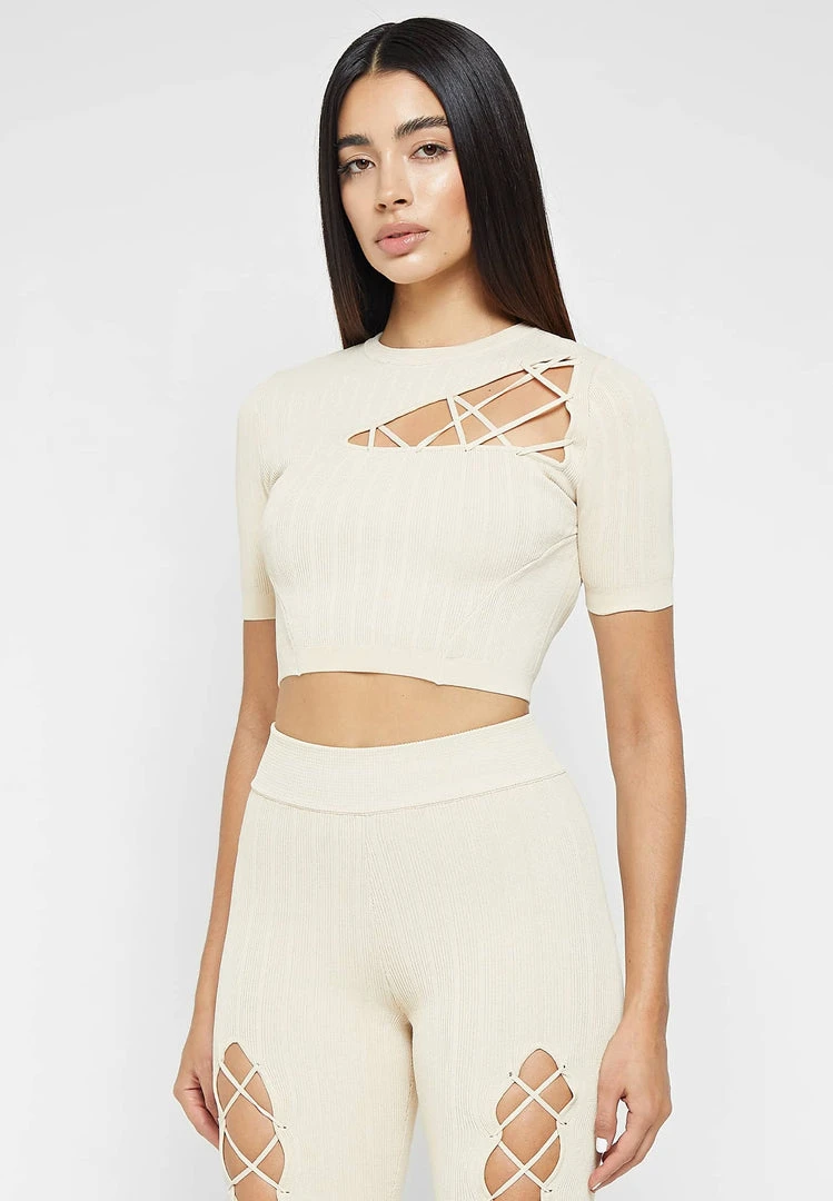 Woman Tops Knitted Lace Up Top - Beige