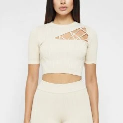 Woman Tops Knitted Lace Up Top - Beige