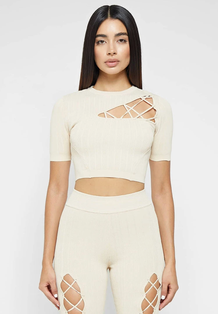 Woman Tops Knitted Lace Up Top - Beige