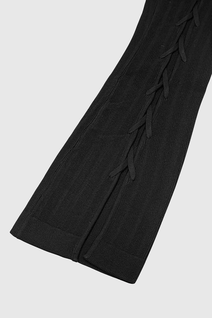 Woman Leggings Knitted Lace Up Leggings - Black