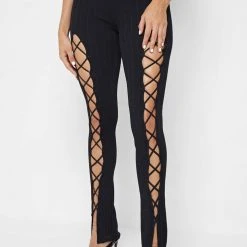 Woman Leggings Knitted Lace Up Leggings - Black
