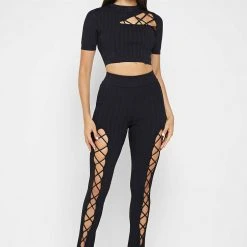 Woman Leggings Knitted Lace Up Leggings - Black