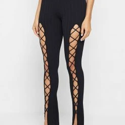 Woman Leggings Knitted Lace Up Leggings - Black