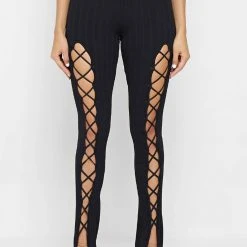 Woman Leggings Knitted Lace Up Leggings - Black