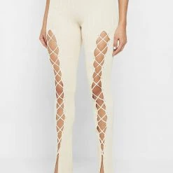 Woman Leggings Knitted Lace Up Leggings - Beige