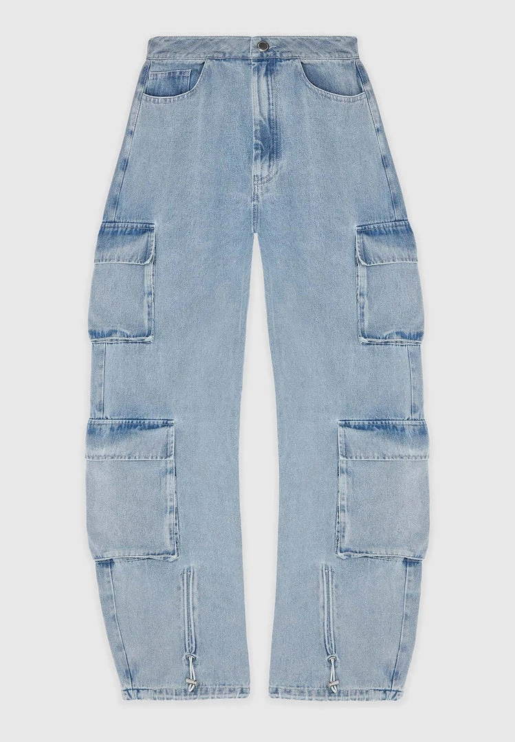 Woman Trousers Wide Leg Denim Cargo Jeans - Blue
