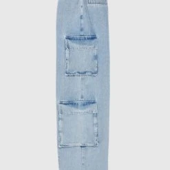 Woman Trousers Wide Leg Denim Cargo Jeans - Blue