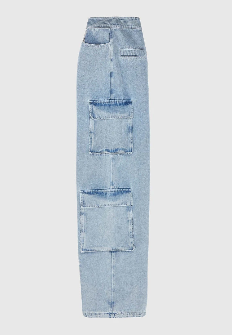 Woman Trousers Wide Leg Denim Cargo Jeans - Blue