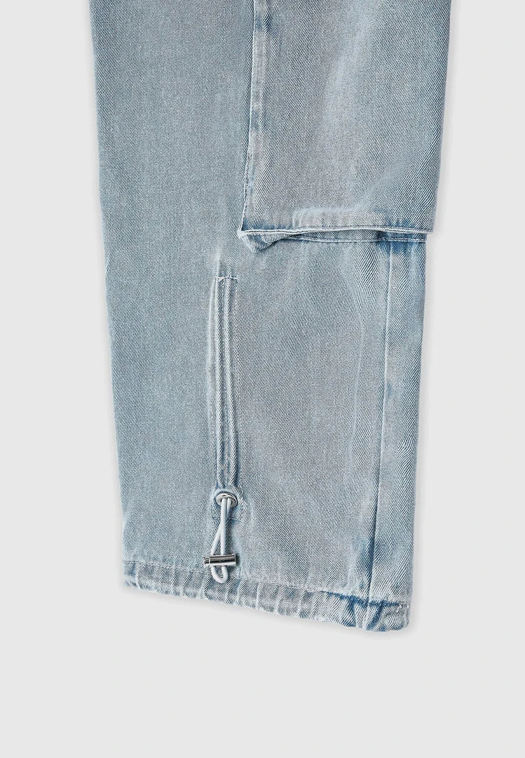 Woman Trousers Wide Leg Denim Cargo Jeans - Blue