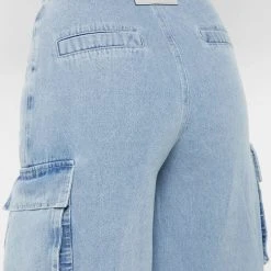 Woman Trousers Wide Leg Denim Cargo Jeans - Blue