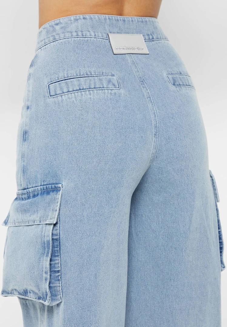 Woman Trousers Wide Leg Denim Cargo Jeans - Blue