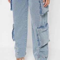 Woman Trousers Wide Leg Denim Cargo Jeans - Blue