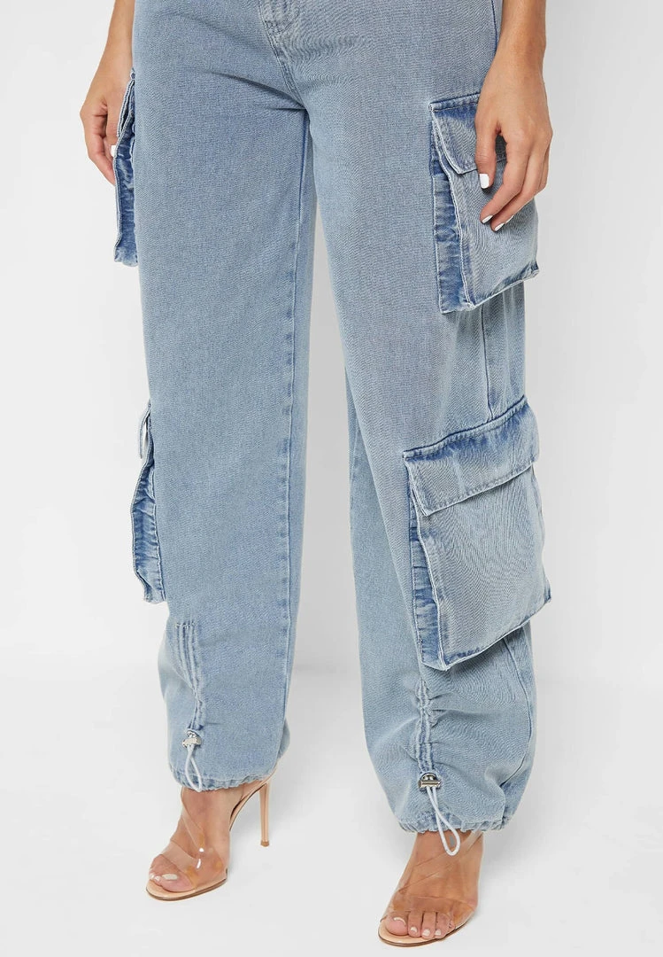 Woman Trousers Wide Leg Denim Cargo Jeans - Blue