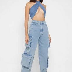 Woman Trousers Wide Leg Denim Cargo Jeans - Blue