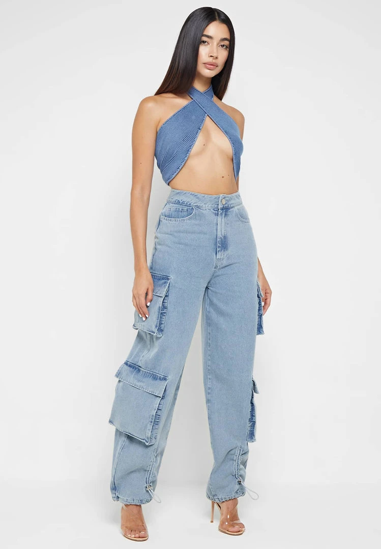 Woman Trousers Wide Leg Denim Cargo Jeans - Blue