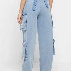 Woman Trousers Wide Leg Denim Cargo Jeans - Blue