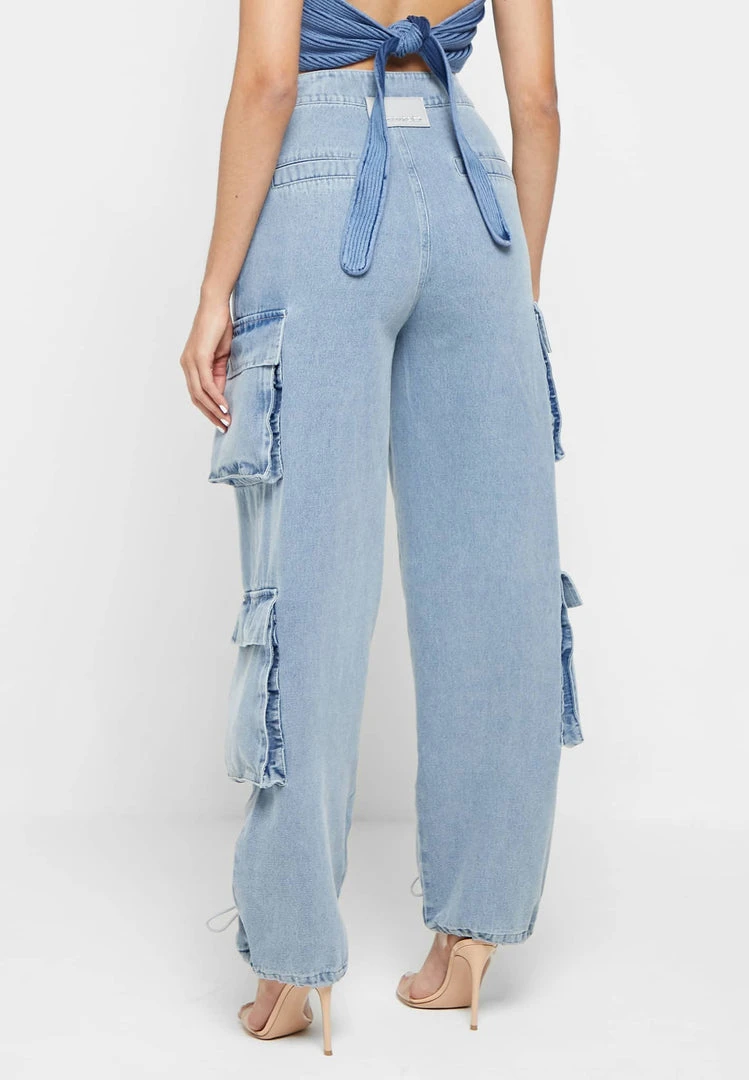 Woman Trousers Wide Leg Denim Cargo Jeans - Blue