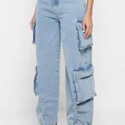 Woman Trousers Wide Leg Denim Cargo Jeans - Blue