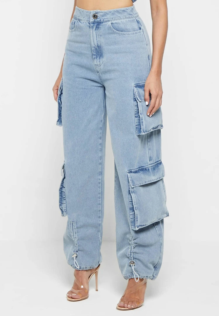 Woman Trousers Wide Leg Denim Cargo Jeans - Blue