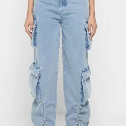 Woman Trousers Wide Leg Denim Cargo Jeans - Blue