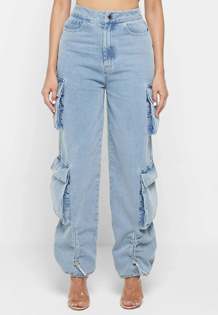 Woman Trousers Wide Leg Denim Cargo Jeans - Blue