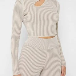 Woman Tops Keyhole Knitted Two Tone Top - Beige TOPS & T SHIRTS