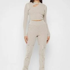 Woman Tops Keyhole Knitted Two Tone Top - Beige TOPS & T SHIRTS