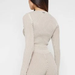 Woman Tops Keyhole Knitted Two Tone Top - Beige TOPS & T SHIRTS