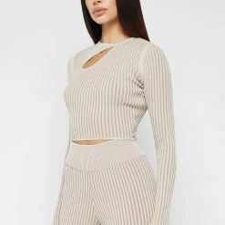 Woman Tops Keyhole Knitted Two Tone Top - Beige TOPS & T SHIRTS