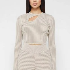 Woman Tops Keyhole Knitted Two Tone Top - Beige TOPS & T SHIRTS